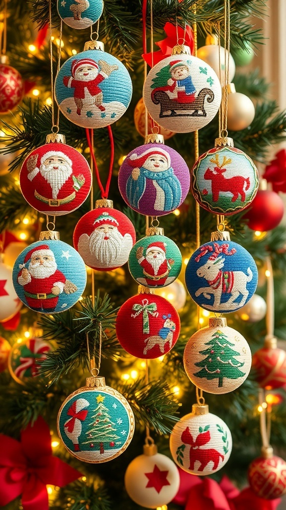 12 Days of Christmas Needlepoint Ornaments Colorful needlepoint ornaments for the 12 days of Christmas hanging on a Christmas tree.